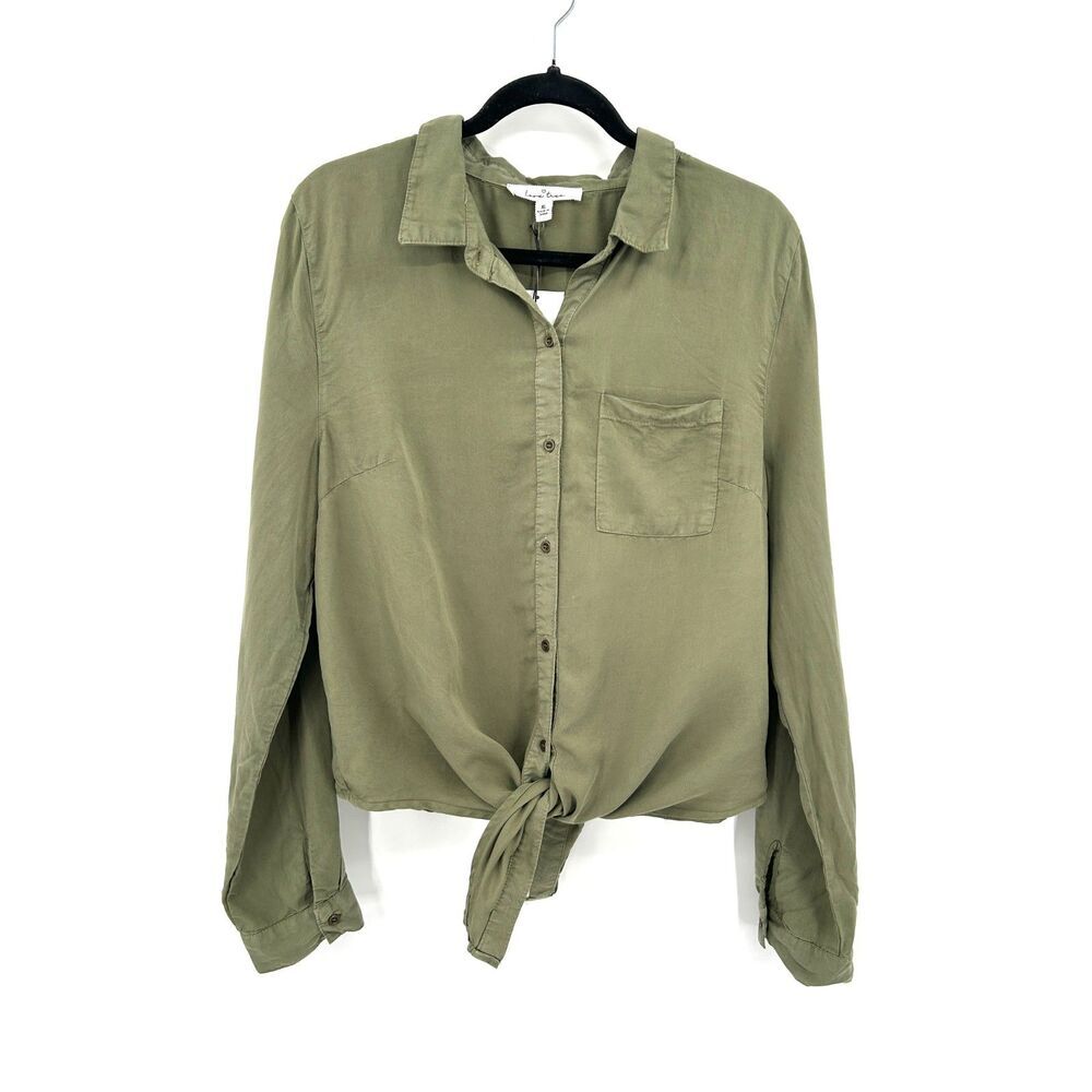NWT LOVE TREE Army Green 100% Tencel Long Sleeve Button Up Tie Shirt Top Size XL